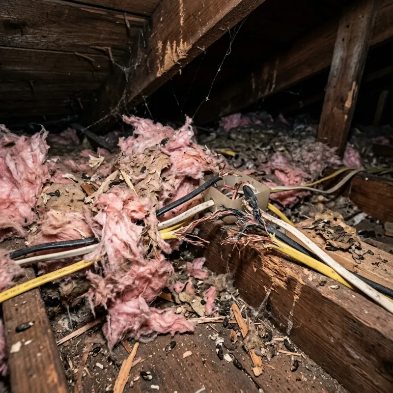 Contaminated ceiling insulation being assessed in a Crib Point roof space