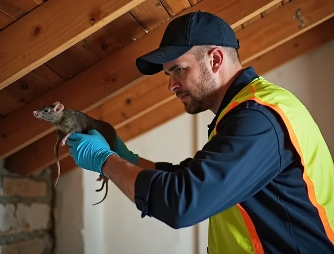 Technician inspecting a roof cavity for a dead rat in Crib Point